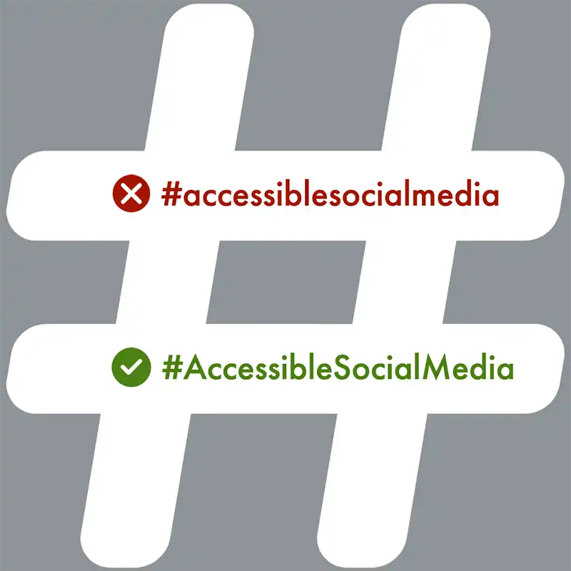 Graphic of a white hashtag on a grey background with the hashtag #AccessibleSocialMedia written twice. The all-lowercase version is red and has a cross next to it. The camel case version is green and has a tick next to it.
