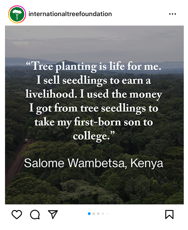 “Tree planting is life for me. I sell seedlings to earn a livelihood. I used the money I got from tree seedlings to take my first-born son to college.” Salome Wambetsa, Kenya