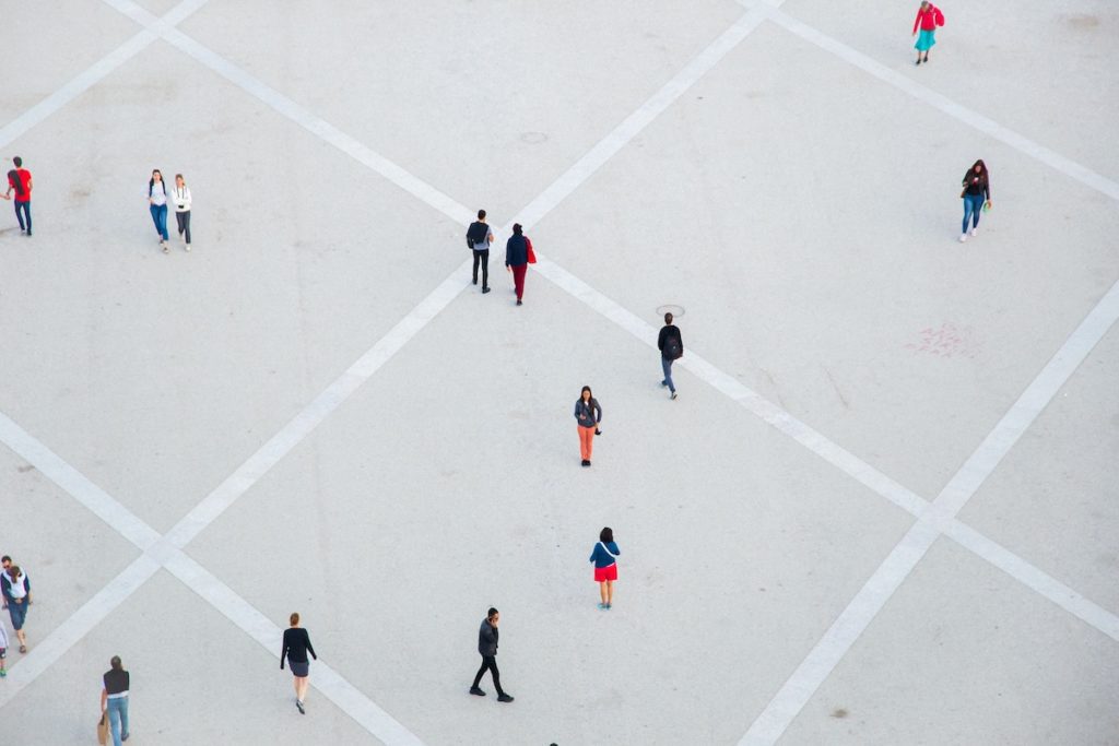 Drone image of people walking